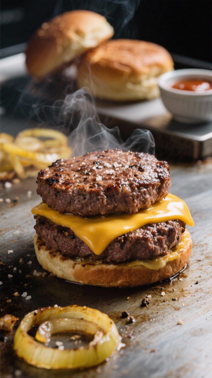 A sizzling close-up, straight-on shot of a smash-style classic cheeseburger on a flat-top griddle: two thin 80/20 beef patties being pressed to crisp, lacy edges, seasoned with kosher salt and black pepper, American cheese melting over the top, wisps of steam visible. In the background, toasted soft potato buns and a small bowl of tangy house sauce sit on a stainless surface; ultra-thin yellow onion slices glisten from the heat. Moody, high-contrast lighting emphasizes the browned crust and glossy cheese, no people, professional food styling.