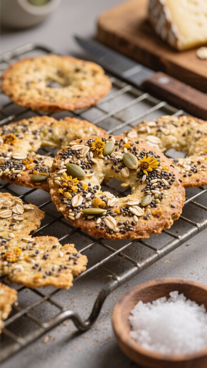 A straight-on close-up of crunchy everything-bagel chia crackers cooling on a wire rack, showcasing their seedy texture: visible chia, sunflower, pumpkin (pepitas), sesame seeds, and lightly crushed rolled oats bound together, golden and crisp at the edges; a small dish of flaky salt nearby, a rustic board with a knife and a wedge of cheese blurred in the background to suggest cheese-board pairing.