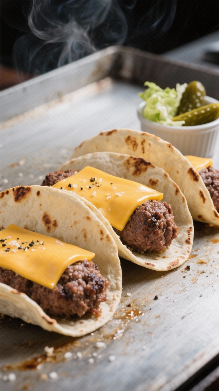 A straight-on close-up of smash-style cheeseburger tacos on a griddle: 80/20 ground beef balls smashed directly onto small flour tortillas, edges frilly and caramelized, seasoned with kosher salt, black pepper, and a hint of garlic powder; each taco crowned with a halved slice of American cheese melting into the beef. Include a small ramekin of pickles and shredded lettuce in the background blur, light steam rising, glossy sear marks, shot with shallow depth of field, moody stainless-steel surface, no people.