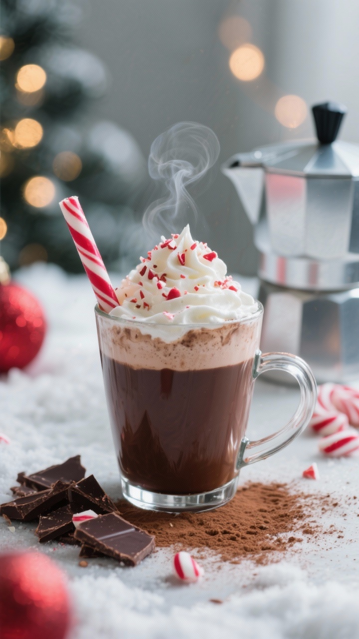 A straight-on, cozy holiday scene of peppermint mocha hot chocolate in a clear glass mug to show layers: dark chocolatey base blended with strong brewed coffee/espresso, topped with a cloud of pale foam or lightly whipped cream. Crushed peppermint candy sprinkled on top, a peppermint stick resting against the rim, cocoa powder lightly dusted. Semisweet/dark chocolate shards and a moka pot in the background, soft twinkle-light bokeh, cool winter palette with pops of red and white, gentle steam visible.