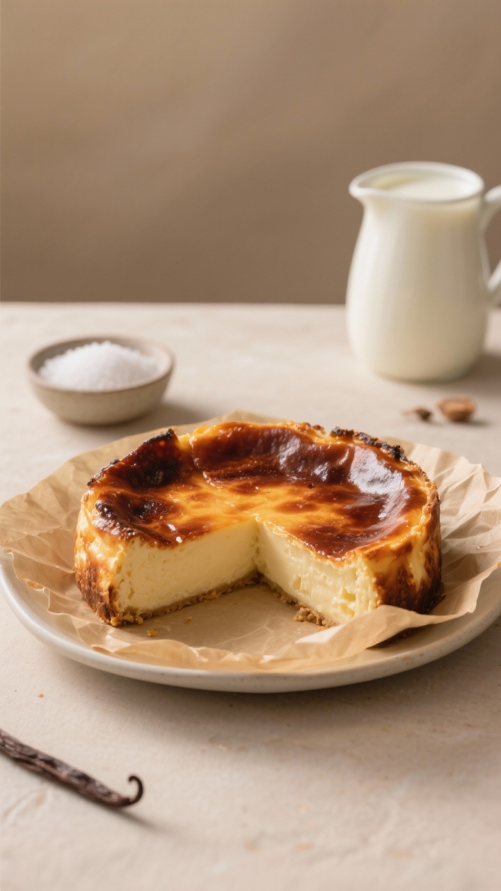 A straight-on hero shot of a Basque cheesecake with deeply burnished, caramelized top and softly set, custardy center; the cake sits in its rustic crinkled parchment. One slice is pulled forward on a simple plate to show the silky interior texture and slight wobble. Minimal styling: a small bowl of granulated sugar, a vanilla pod, and a pitcher of heavy cream in the background; warm neutral backdrop, gentle side light to emphasize glossy, burnt-caramel edges. Elegant, modern mood.