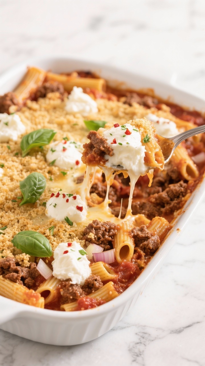 A straight-on hero shot of baked ziti with beef, ricotta clouds, and herby breadcrumbs: a bubbling casserole with ridged ziti tossed in marinara, crumbles of browned ground beef throughout, dollops of ricotta dotted on top like soft clouds, and a golden, herb-flecked breadcrumb crust. Visible flecks of red pepper flakes, garlic, and diced onion in the sauce. A serving spoon lifts a cheesy portion to showcase stretch and texture; fresh basil leaves scattered, clean white ceramic dish on a marble surface, bright, inviting light.