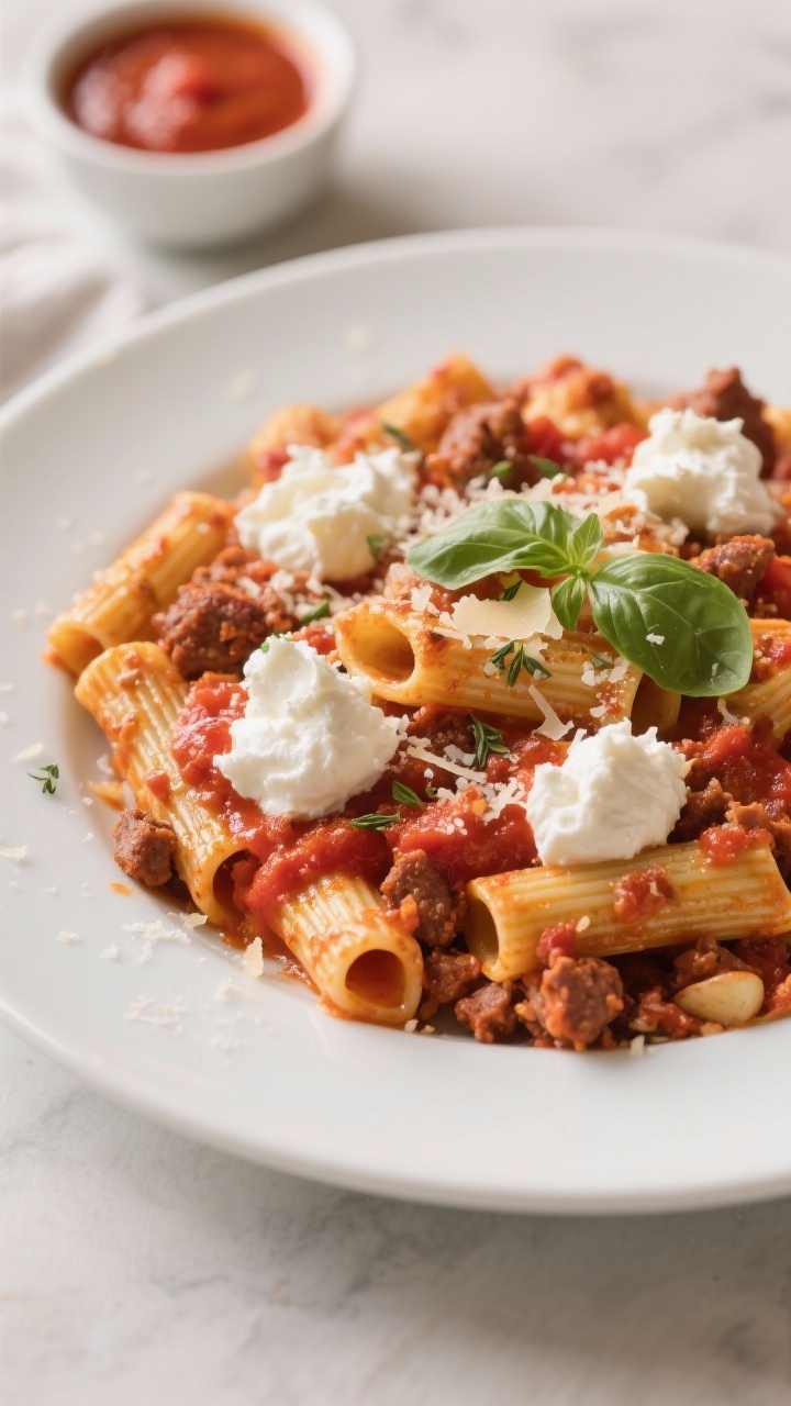 A straight-on plated presentation of baked ziti alla mama with ricotta clouds: ridged ziti swaddled in a bright crushed-tomato sauce, crumbles of Italian sausage, glossy from olive oil and garlic, with dollops of airy ricotta “clouds” melting into the pasta, specks of oregano and torn basil. Parmesan lightly showered on top, edges caramelized. Serve on a wide white plate with a small bowl of extra sauce in the background; warm, inviting Italian trattoria feel, sharp focus on ricotta texture and saucy sheen.