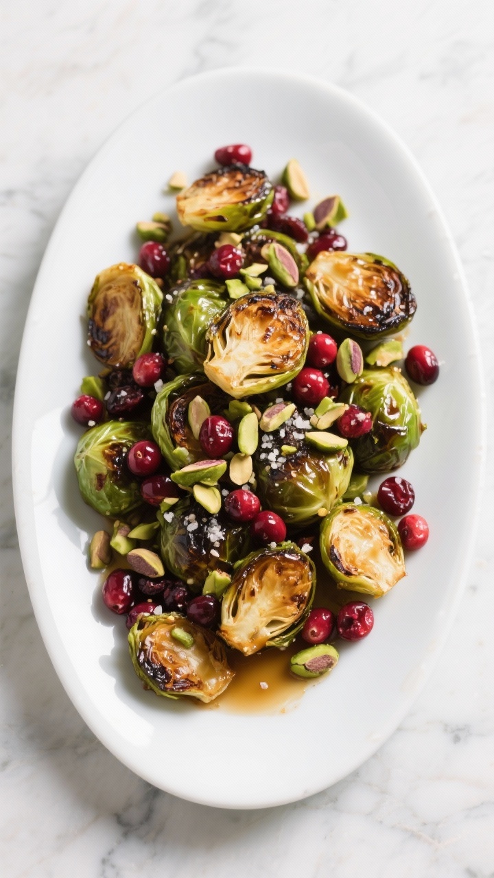 A straight-on plated presentation of maple-roasted Brussels sprouts with cranberries and pistachios piled on a white oval platter, charred edges glistening with olive oil and pure maple syrup, seasoned with kosher salt and black pepper; ruby dried cranberries and roughly chopped green pistachios scattered over for color and crunch; subtle maple glaze pooling slightly at the base; clean, modern styling on a light marble surface with soft natural light.