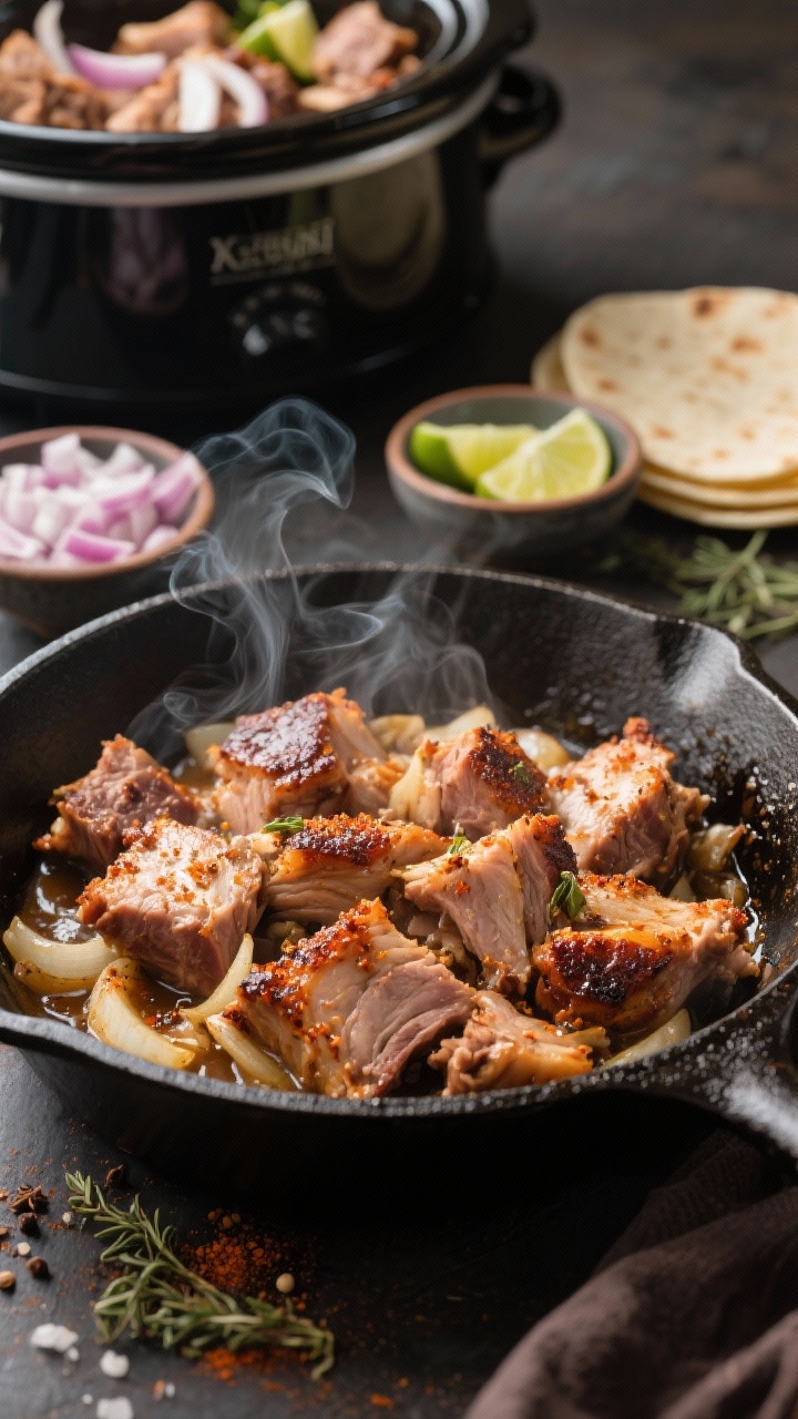 A straight-on, process shot of slow-cooker carnitas: juicy pork shoulder chunks braised with onion, cumin, oregano, smoked paprika, salt, and pepper, then crisped in a cast-iron skillet. Foreground shows sizzling, caramelized edges with wisps of steam; background holds the slow cooker with remaining tender pork and onion quarters. Include small bowls of chopped onion, lime wedges, and warm tortillas to imply taco service, but keep focus on the crisped, succulent meat and spice-crusted bits.