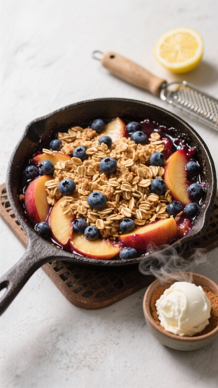 A straight-on shot of a bubbling blueberry peach skillet crisp just out of the oven: cast-iron skillet filled with sliced ripe peaches and fresh blueberries, juices thick and glossy around the edges, crowned with a brown butter oat topping that’s deeply golden with crunchy nubs; hints of lemon present via a zester and halved lemon off to the side, a small bowl of brown sugar; set on a trivet with steam visible, a scoop of vanilla ice cream ready in a ramekin to suggest serving, cozy late-summer dessert mood.