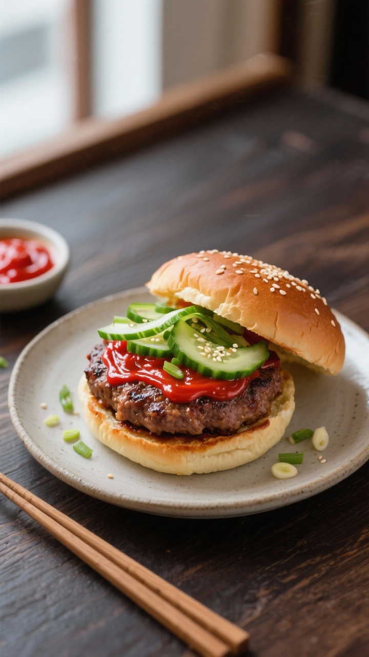 An overhead, final presentation of a Korean BBQ-inspired bulgogi beef burger: 80/20 beef patty mixed with finely sliced green onions, grated ginger, minced garlic, soy sauce, mirin, brown sugar, and sesame oil, glazed and lacquered with a slight sheen. The burger is assembled on a bun with a vivid gochujang mayo swirl, topped with quick cucumber ribbons and a sprinkle of toasted sesame seeds. Neutral ceramic plate on a dark wood table, chopsticks and a small dish of gochujang mayo nearby, vibrant reds and greens pop under soft window light, no people.