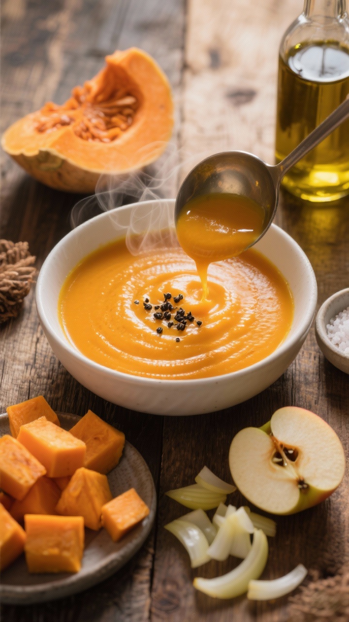 An overhead flat lay of cozy roasted butternut and apple soup being ladled into a matte white bowl, silky orange puree with steam rising; garnished with a drizzle of olive oil and a crack of black pepper; surrounding elements include peeled and cubed butternut squash, chopped Honeycrisp/Gala apples, chopped yellow onion, a small dish of kosher salt, and a bottle of olive oil; warm, golden afternoon light on a rustic wooden table for a homey winter vibe.