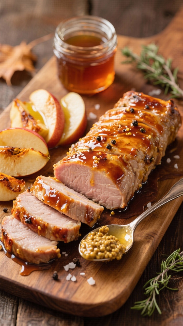 An overhead flat-lay of maple-mustard glazed pork tenderloins just out of the oven, sliced into medallions and fanned beside caramelized roasted apple wedges. Visible glaze made from Dijon and whole-grain mustard with pure maple syrup, catching the light in amber streaks. Seasoning flecks of kosher salt and black pepper on the meat, a light sheen of olive oil on the apples. Styled on a warm wood board with a small jar of maple syrup, spoon coated in mustard glaze, and a sprig of thyme for a rustic autumn mood.