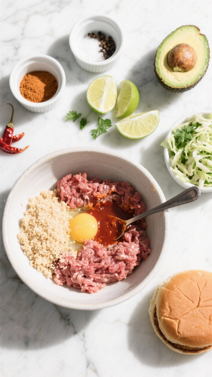 An overhead ingredient-and-prep flat lay for a smoky chipotle turkey burger: a mixing bowl with 93% lean ground turkey, cracked egg, panko breadcrumbs, minced chipotle in adobo with a spoonful of adobo sauce, ground cumin, garlic powder, kosher salt and black pepper arranged in tidy ramekins. Off to the side, components for an avocado-lime slaw—ripe avocado, lime halves, shredded cabbage, cilantro—plus a burger bun. Clean, bright daylight on a white marble surface, neat shadows, emphasizing the warm reds of chipotle and the fresh green of avocado and lime.