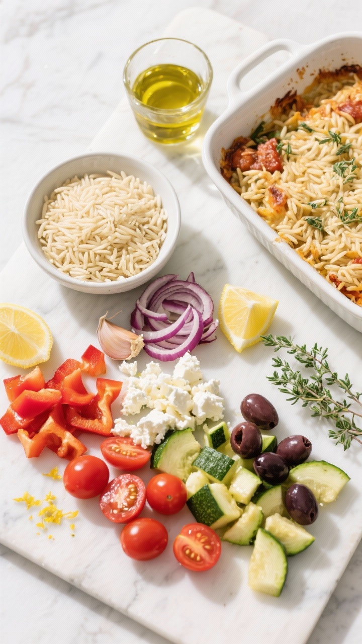 An overhead ingredient-prep flat lay for a veggie-lovers’ Greek orzo bake with feta and lemon: uncooked orzo in a small bowl, chopped red onion, minced garlic, diced red bell pepper, chopped zucchini, halved cherry tomatoes, pitted kalamata olives, crumbled feta, lemon halves and zest, a little olive oil in a glass, and oregano sprigs. Arrange on a white marble board with a casserole dish waiting at the side, bright Mediterranean palette, clean styling emphasizing freshness and zesty, sunlit mood.