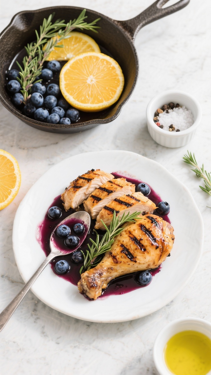 An overhead ingredient-to-finish montage for blueberry thyme grilled chicken with citrus pan sauce: center plate with sliced, juicy grilled chicken thighs, glossy blueberry-thyme citrus pan sauce spooned over, garnished with fresh thyme; surrounding elements include a small skillet with the sauce (blueberries, thyme sprigs, citrus slices), a ramekin of kosher salt, cracked black pepper, and a dish of olive oil; lightly charred grill marks on the chicken, bright, clean styling on a light stone surface emphasizing savory-sweet contrast and fresh herb aroma.