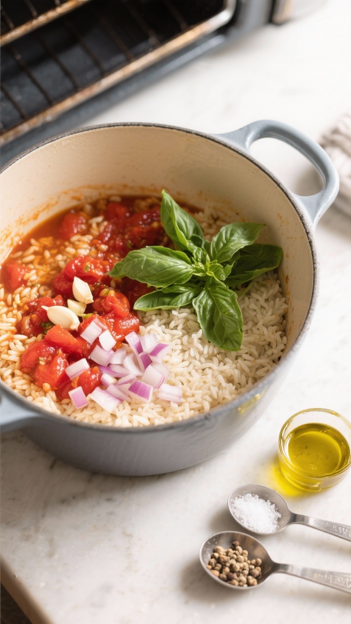 An overhead ingredient-to-oven scene for No-Stir Oven-Baked Tomato-Basil Risotto (Weeknight Miracle): a Dutch oven filled with arborio rice, canned crushed tomatoes, low-sodium chicken/vegetable stock, minced garlic, and finely diced onion before baking, with torn fresh basil and a drizzle of olive oil staged nearby to finish; measuring spoons with salt and pepper at the edge; clean, weeknight-friendly styling on a light countertop, bright natural light, emphasizing the easy, no-stir method.
