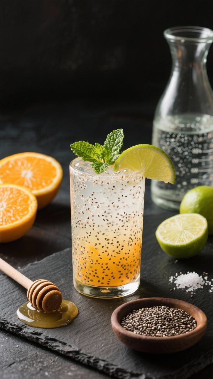 An overhead ingredients-and-process shot for citrus chia fresca: a tall glass of lightly bubbly chia-studded drink with visible orange hue from fresh orange juice and a lime wedge, mint leaves floating on top; surrounding elements neatly styled—halved oranges and limes, a honey dipper with a small pool of honey, a carafe of cold sparkling water, measured chia seeds beginning to bloom in a small bowl, and a tiny pinch of sea salt on a dark slate.