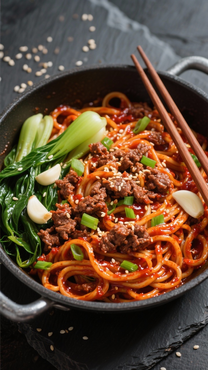 An overhead one-pot scene of beefy gochujang noodles: glossy lo mein tangled with crumbled 90/10 ground beef, sesame oil sheen, minced garlic and grated ginger visible, thinly sliced scallions scattered generously, and a lacquered red-orange gochujang sauce clinging to the strands. Add a side cluster of garlicky greens (wilted bok choy or spinach) tucked into the pot, sesame seeds sprinkled, chopsticks resting on the rim, shot on a dark stone surface for contrast, bright, appetizing color pop.