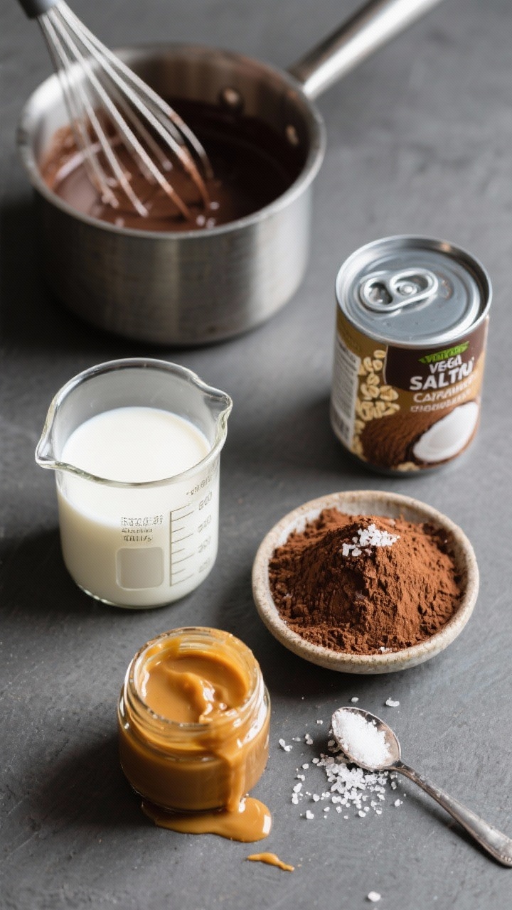 An overhead process shot for vegan salted caramel hot chocolate: unsweetened oat milk and canned full-fat coconut milk measured in clear beakers, a mound of unsweetened cocoa powder, a small jar of glossy vegan salted caramel with a spoon trail, flaky sea salt pinch, and a saucepan showing the oat milk and cocoa being whisked into a smooth, dark mixture. Minimalist modern styling on a matte slate surface, clean lines, high-key natural light highlighting velvety textures and the contrast between dark cocoa and golden caramel. No dairy items present.