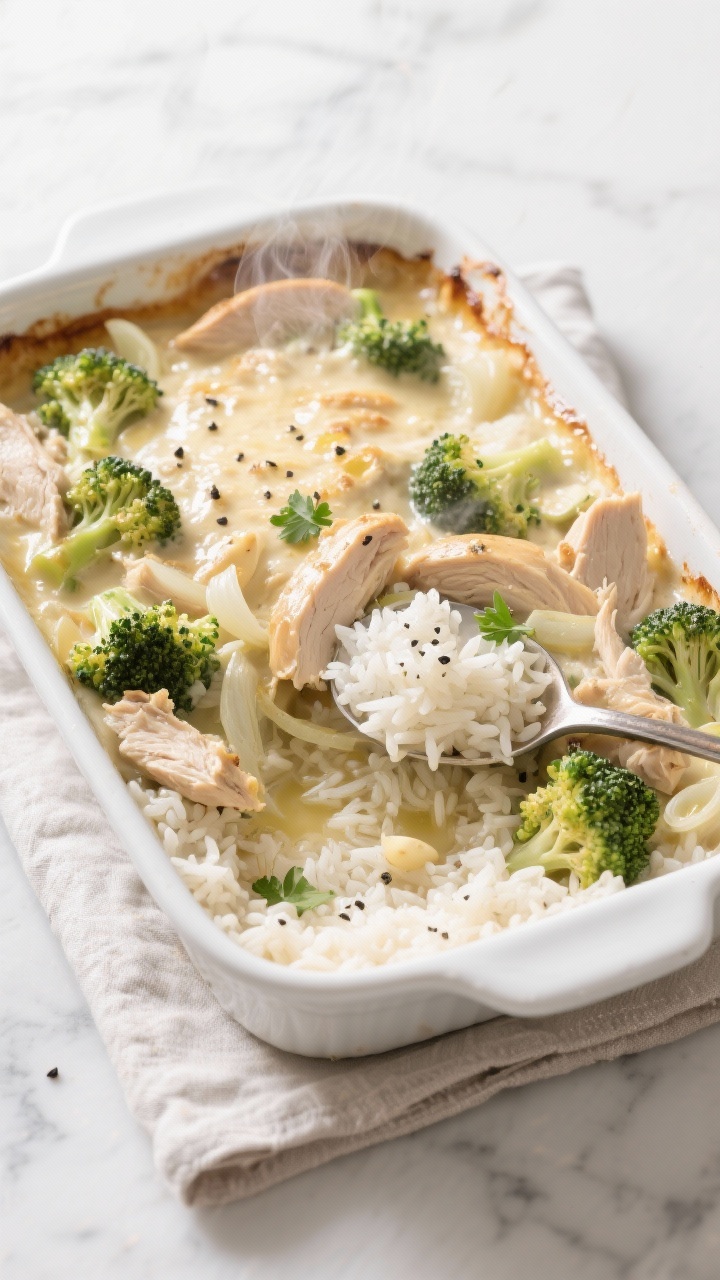 An overhead shot of a creamy chicken, broccoli, and rice bake just out of the oven in a white casserole dish: fluffy long-grain white rice cooked in chicken broth, tender broccoli florets, shredded roast chicken, sautéed onion and minced garlic, glossy from butter and olive oil, with a lightly golden, bubbly creamy surface. Style with a serving spoon revealing the creamy interior, steam rising, sprinkled with black pepper and a few parsley leaves. Set on a light marble surface with a folded linen, emphasizing comfort-food warmth and cozy mood.