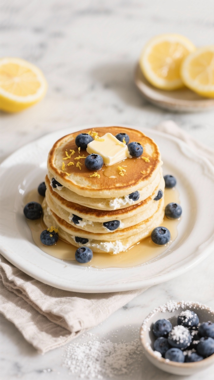 An overhead shot of blueberry lemon ricotta pancakes stacked high on a white ceramic plate, ultra-fluffy with visible ricotta tenderness, golden edges, fresh blueberries studded throughout, lemon zest sprinkled on top, a pat of melting butter and a drizzle of maple syrup pooling around, with small bowls of fresh blueberries, lemon halves, and a dusting of powdered sugar nearby; warm morning light on a marble surface, soft linen napkin, professional food styling emphasizing airy texture and bright lemon-blueberry contrast.