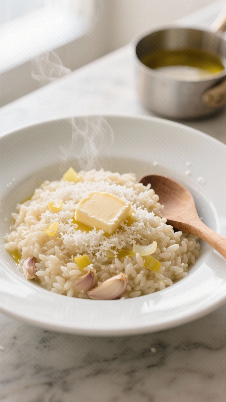 An overhead shot of Creamy Parmesan Risotto That Hugs You Back in a wide, shallow white bowl, ultra-creamy arborio rice with glossy sheen, topped with a generous snowfall of freshly grated Parmesan, a pat of melting unsalted butter, and a drizzle of olive oil; finely diced yellow onion and minced garlic visibly integrated into the rice; warm chicken or vegetable stock in a small saucepan blurred in the background, a wooden risotto spoon resting on the rim; neutral marble surface, soft window light, steam gently rising, Italian comfort mood.