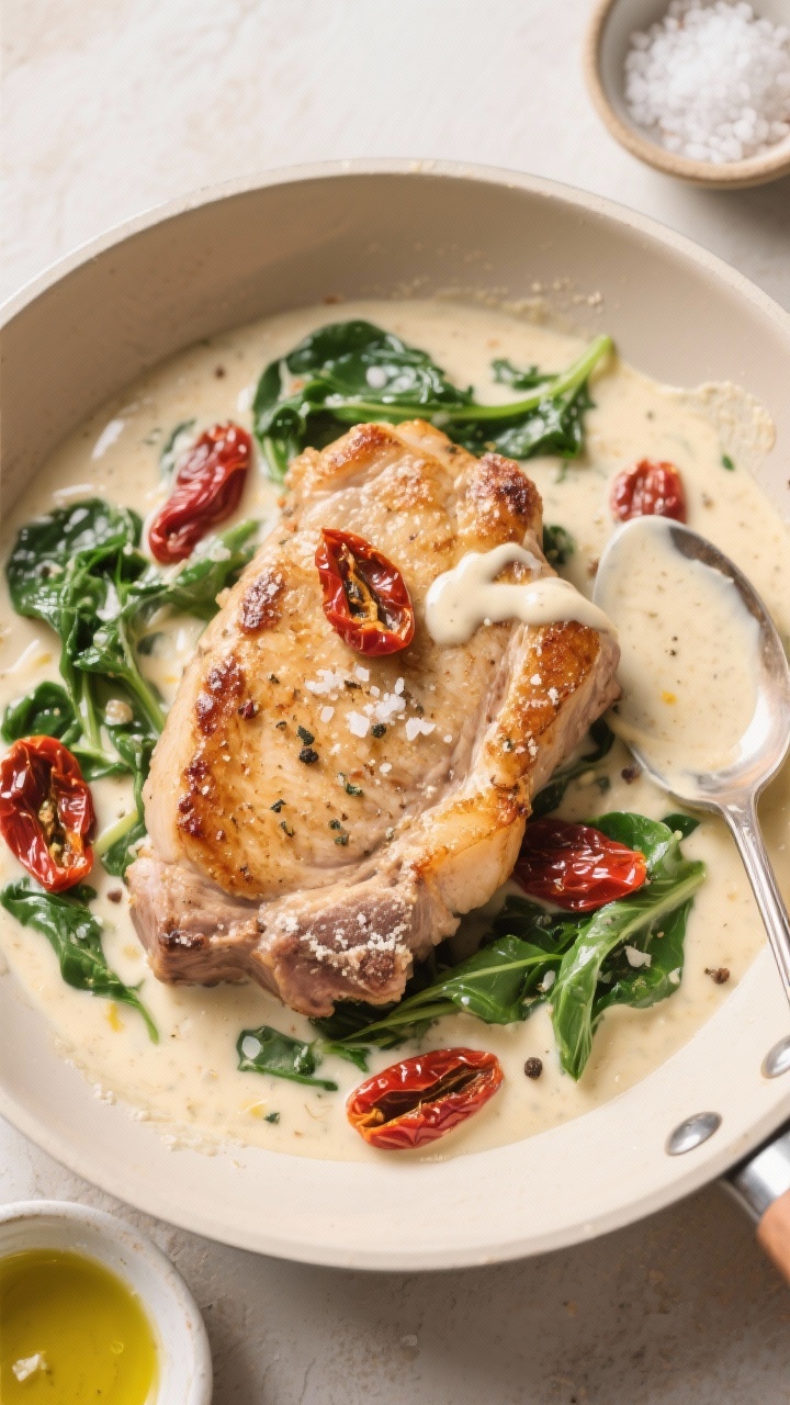 An overhead shot of creamy Tuscan pork: golden pan-seared pork cutlets (dredged lightly in flour, seasoned with kosher salt, black pepper, and Italian seasoning) nestled in a rich cream sauce studded with sun-dried tomatoes and wilted spinach. Sauce clings to the meat with a silky, off-white sheen and red-gold pops from the tomatoes. Present in a light-colored skillet with a spoon trailing a ribbon of sauce, a small dish of flaky salt, and a drizzle of olive oil nearby; warm, inviting Mediterranean mood.