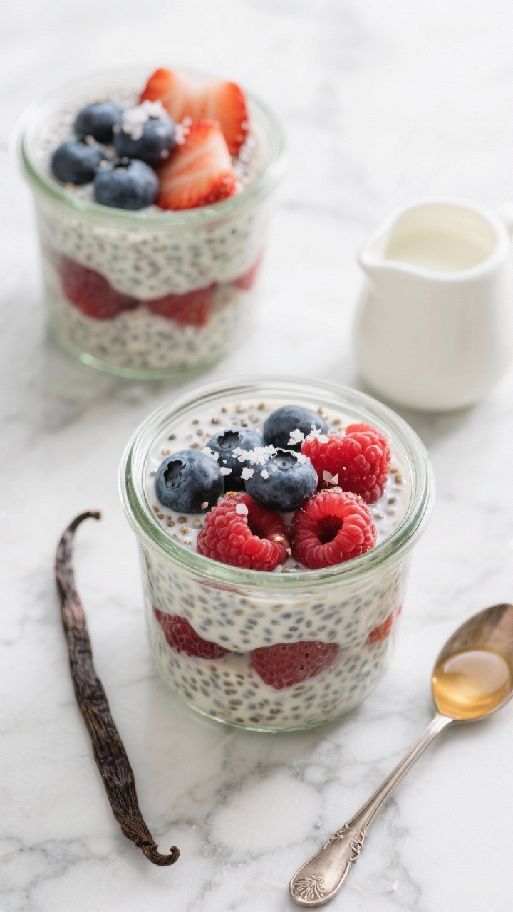 An overhead shot of creamy vanilla chia pudding set in clear glass jars, layered with mixed berries (blueberries, raspberries, sliced strawberries) on top, tiny chia pearls suspended in almond milk speckled with vanilla, a light drizzle of pure maple syrup, and a pinch of flaky sea salt visible on the berry juices; styled on a cool marble surface with a vanilla bean, a small pitcher of unsweetened almond milk, and a spoon showing the thick, dessert-like texture.