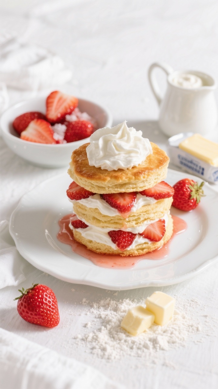 An overhead shot of strawberries and cream shortcake stacks on a white ceramic platter: flaky, golden biscuits split and layered with macerated fresh strawberries and billowy whipped heavy cream, juices lightly pooling on the plate. Include a side bowl of sliced strawberries with sugar, a small pitcher of extra cream, scattered flour dusting, and a butter wrapper with a few cold butter cubes to reference the dough. Bright, summery lighting, clean linens, and a pop of red and white to evoke peak-summer freshness.