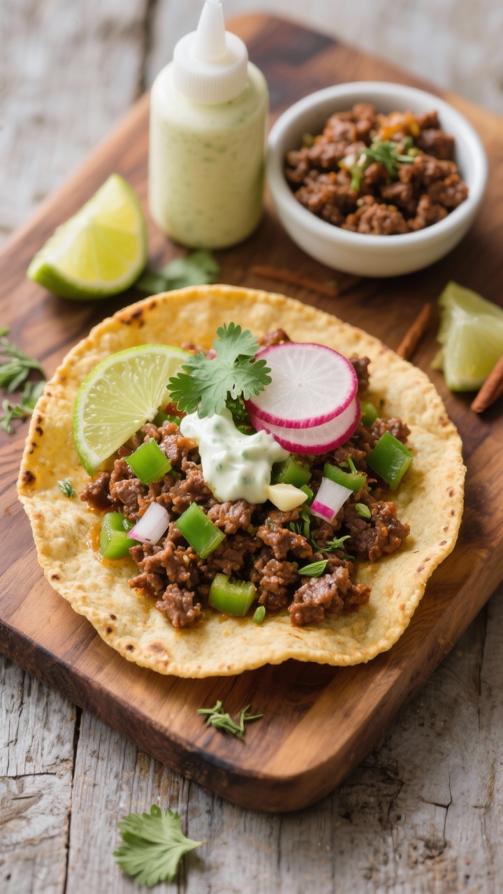 An overhead street-style tostada spread: crisp tostadas layered with beef picadillo—ground beef simmered with finely chopped onion, diced green bell pepper, minced garlic, cumin, dried oregano, and a whisper of cinnamon—finished with a drizzle of lime crema. Garnish with radish slices, cilantro leaves, and lime wedges on the side. Show a small bowl of the spiced beef mixture and a squeeze bottle of crema in the frame, vibrant colors on a rustic wooden board, sharp, crunchy textures highlighted.