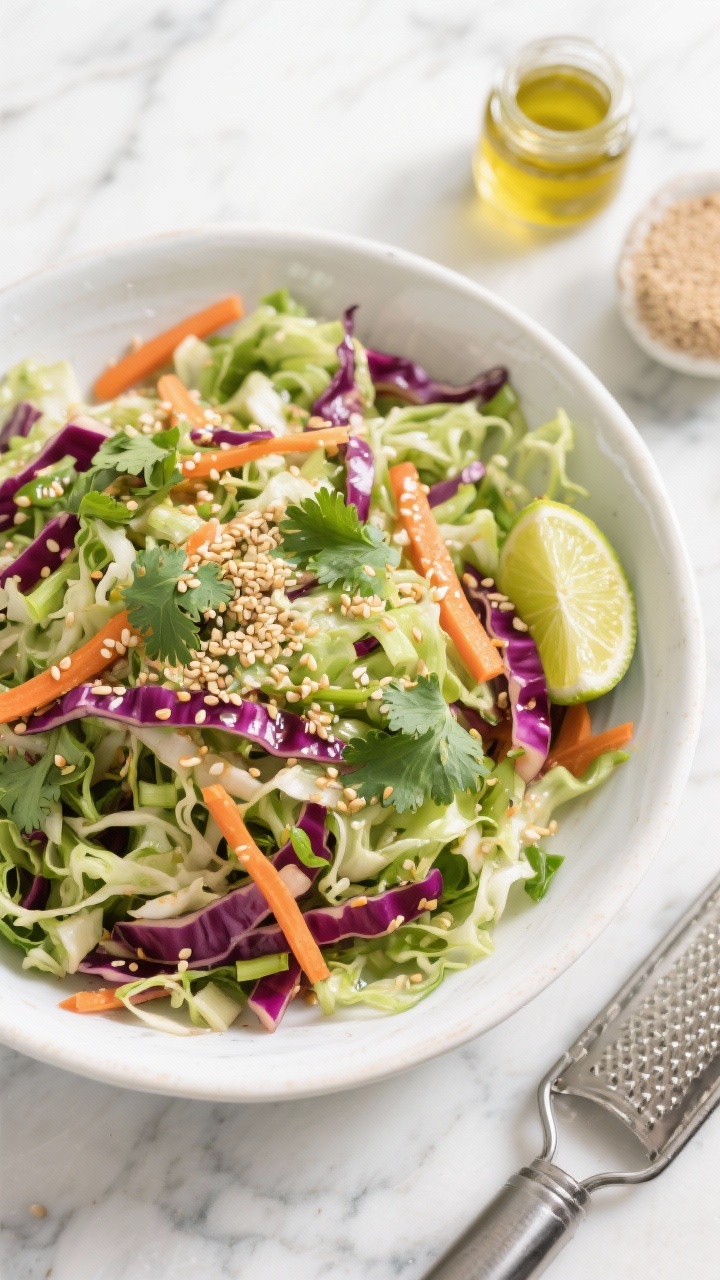 Bright overhead flat lay of a crunchy sesame-lime cabbage slaw in a wide white ceramic bowl: finely shredded green cabbage (about 5 cups) and red cabbage (about 2 cups) mixed with julienned carrots, thinly sliced scallions, and fresh cilantro leaves. A glossy sesame-lime dressing lightly coating the strands, sprinkled with toasted sesame seeds. Lime halves, a small jar of sesame oil, and a zester off to the side. Clean, daylight look on a marble surface to emphasize crispness and vibrant greens, purples, and orange.
