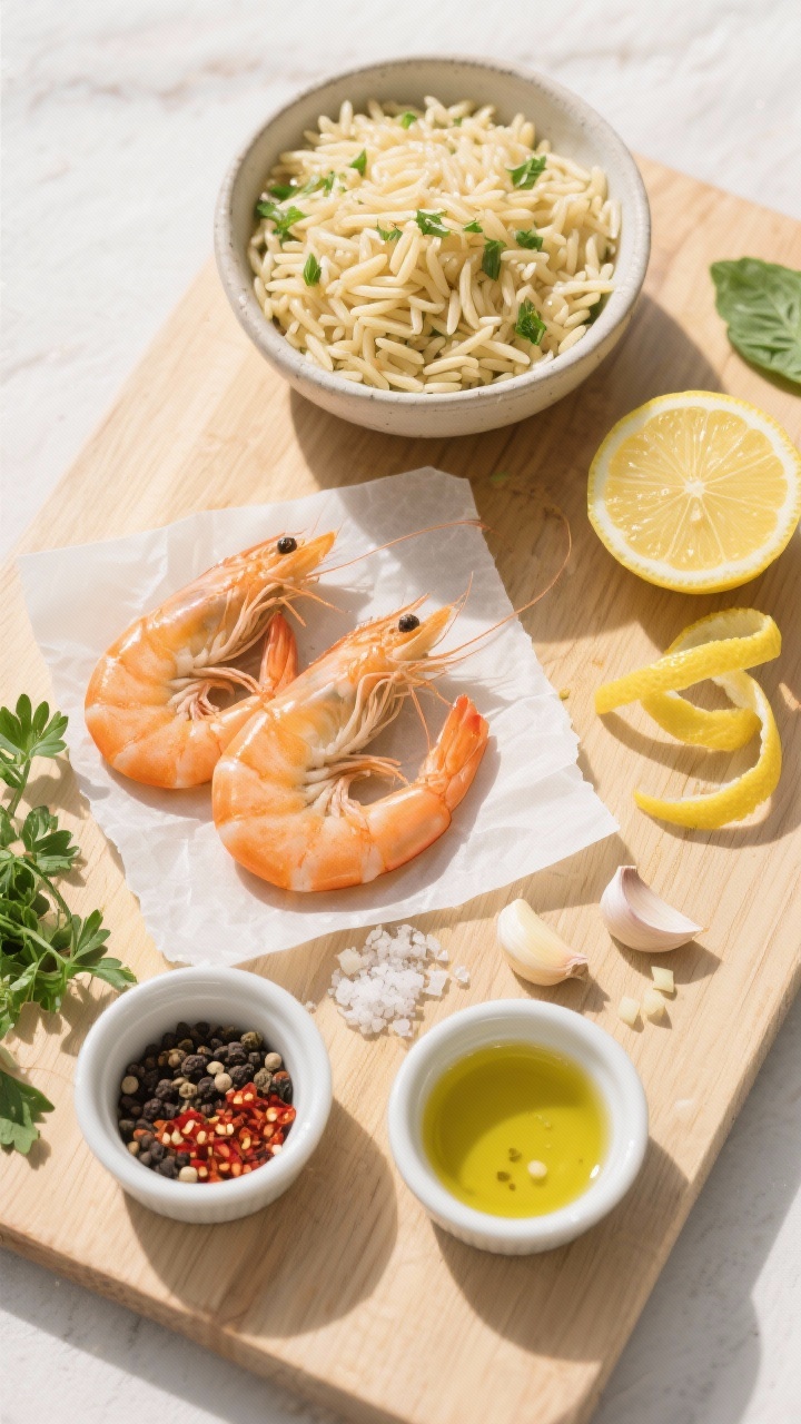 Bright overhead ingredient-prep flat lay for lemon herb shrimp orzo: uncooked orzo in a small bowl, large shrimp peeled and deveined on parchment, small ramekins with kosher salt, black pepper, and red pepper flakes, a pool of olive oil (noted as divided), minced garlic from 3 cloves, lemon halves and zest curls, and fresh herbs (parsley and basil suggested for lemon-herb vibe) arranged neatly on a light wood board; sunlit “tastes like sunshine” mood, clean, airy styling.