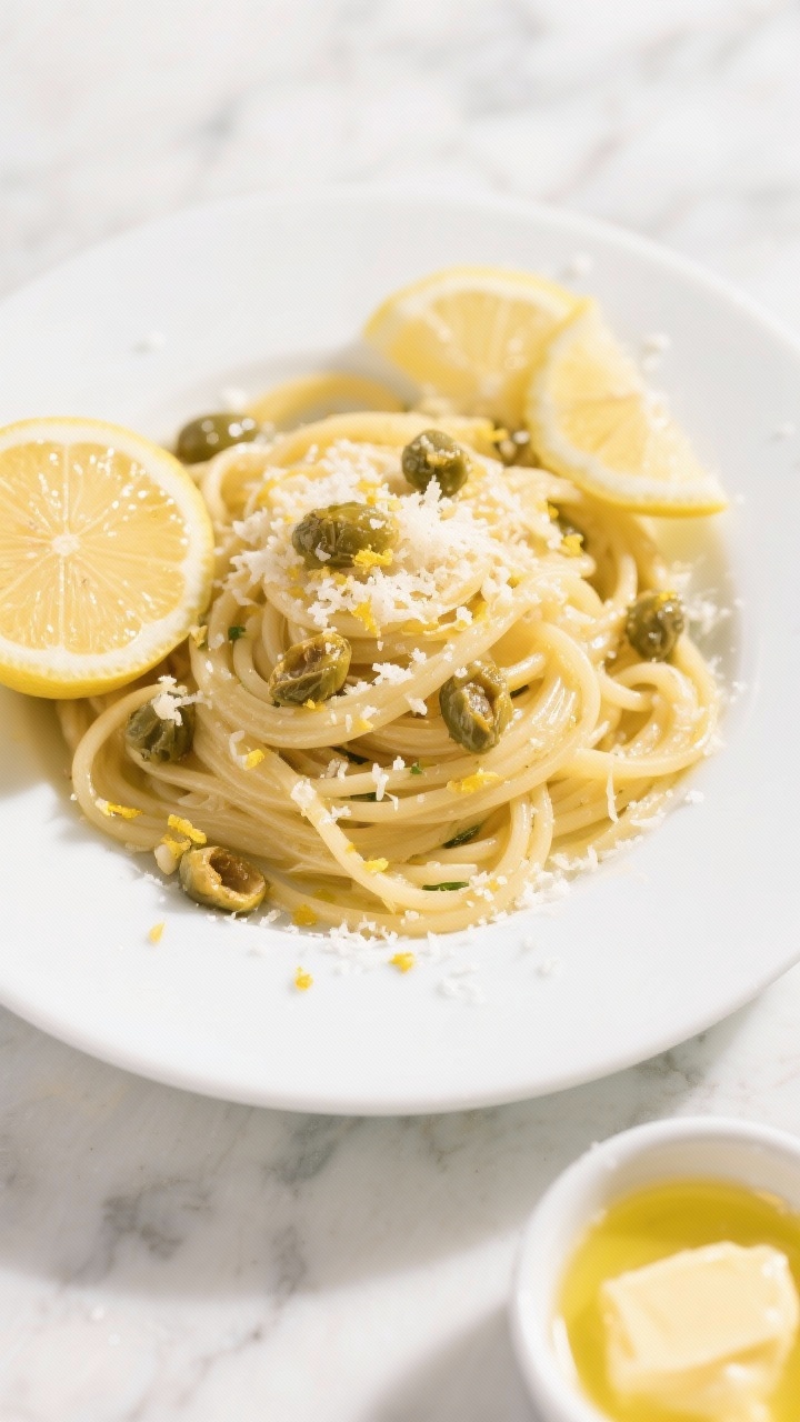 Bright overhead plated presentation of springy lemon-Parmesan pasta with crispy capers: spaghetti or bucatini tossed in a glossy butter-olive oil emulsion, showered with finely grated Parmesan, dotted with deeply golden, crisp capers, and speckled with lemon zest. Visible minced garlic bits clinging to strands, with fresh lemon halves and a small dish of melted butter nearby. Clean white plate on a sunlit marble surface for a fresh, zesty mood; capture the oil-butter sheen and delicate Parmesan snow.