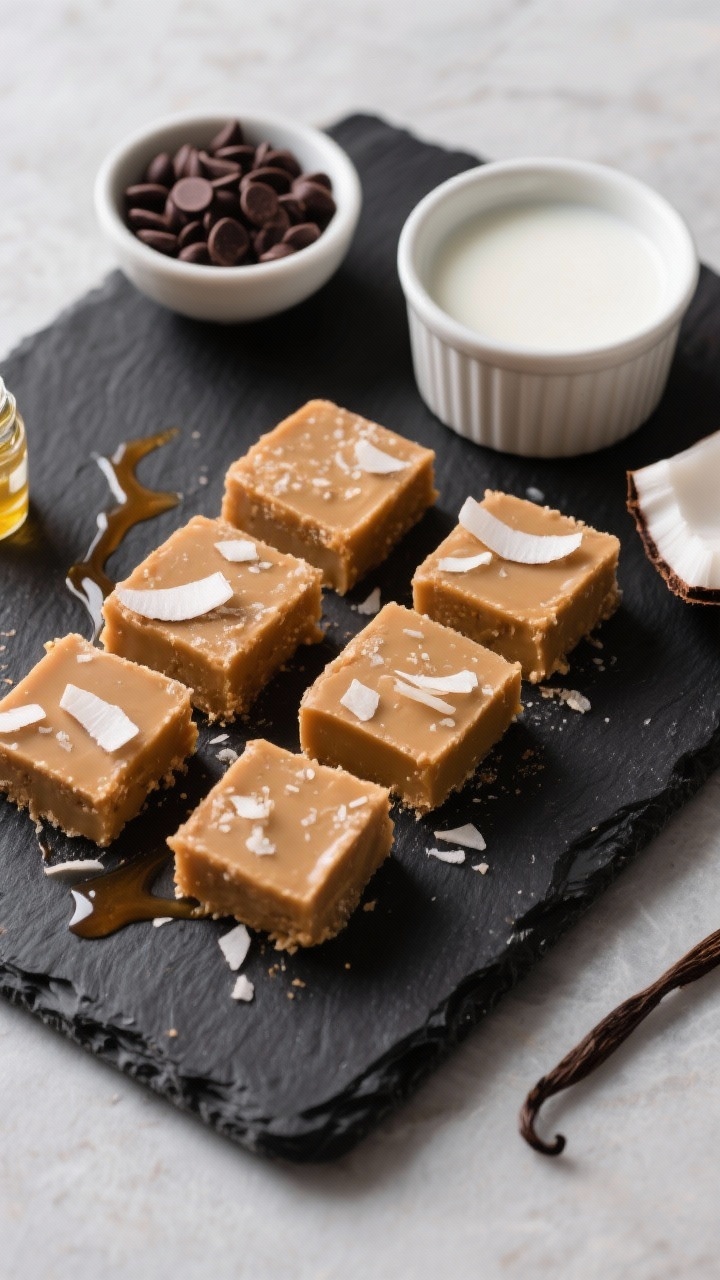 Clean, modern plated presentation of vegan coconut maple fudge cut into small squares on a matte black slate, topped with faint coconut sheen. Ingredients subtly included: a small bowl of dairy-free dark chocolate chips (60–70%), a ramekin of well-stirred full-fat coconut milk, a drizzle trail of pure maple syrup, a piece of coconut oil, and a tiny bottle of vanilla. Cool natural light, high contrast to highlight creamy texture, plant-based mood, no people, professional styling.