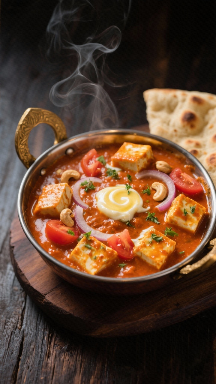 Close-up, 45-degree angle: A silky, restaurant-style Paneer Butter Masala in a shallow brass kadhai, showing glossy orange-red tomato-cashew gravy clinging to 1-inch paneer cubes, a swirl of melted butter on top, flecks of kasuri methi and a drizzle of cream, with visible thinly sliced sautéed onions and chopped tomatoes blended into the sauce; warm naan tucked to the side, set on a dark wood table for contrast, steam gently rising, professional moody lighting highlighting the buttery sheen.