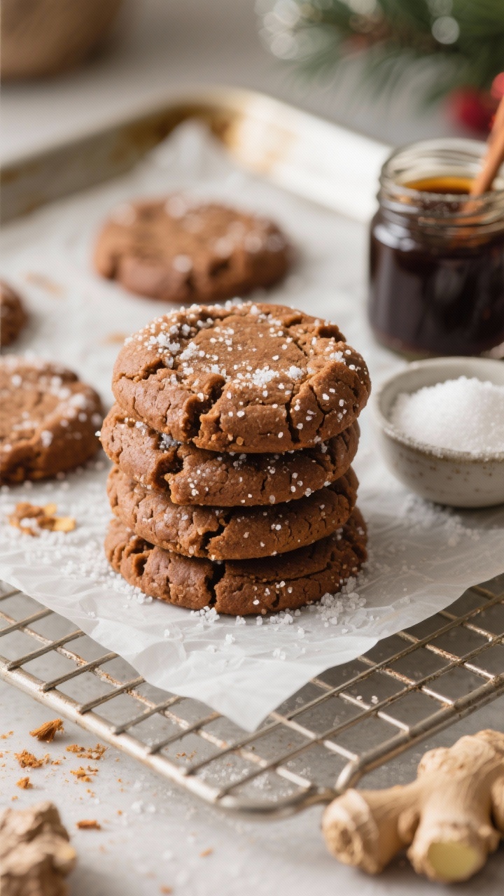 Close-up, 45-degree angle: Freshly baked brown butter ginger molasses cookies with crinkly sugar tops stacked on a parchment-lined baking sheet. Visible sugar crystals sparkle, deep mahogany color from unsulphured molasses, crackled surfaces, and slightly crisp edges with chewy centers. Include a small dish of granulated sugar for rolling, a jar of dark molasses, and a cooling rack in soft afternoon light; warm, cozy holiday mood with subtle ginger spice wisps implied by scattered ground ginger.