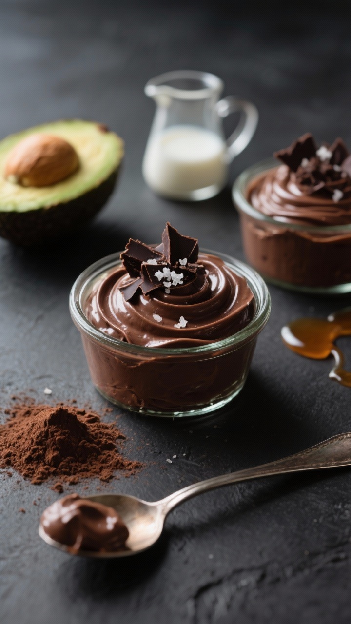 Close-up, 45-degree angle of silky dark chocolate avocado mousse swirled into small glass ramekins, topped with a glossy ripple, a pinch of flaky sea salt, and dark chocolate shavings; include a spoon with a creamy dollop showing the ultra-smooth texture. Style supporting ingredients around: halved ripe avocados, a small mound of Dutch-process cocoa powder, a drizzle of pure maple syrup in a tiny pitcher, and a splash of unsweetened almond milk in a mini beaker. Set on a matte charcoal surface for deep contrast, moody lighting with soft highlights on the mousse’s sheen, no people.