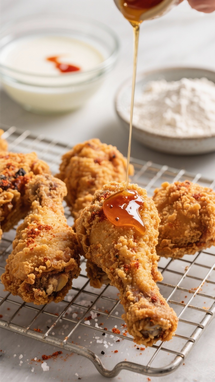 Close-up action shot of buttermilk hot-honey fried chicken legs on a wire rack: ultra-craggy, golden crust from seasoned flour and cornstarch with paprika, salt, and black pepper; droplets of hot-honey being drizzled over the chicken, catching highlights; behind, a glass bowl of buttermilk with a hint of hot sauce tint, and dredge bowls of flour-cornstarch mix; shallow depth of field to showcase crunch and glaze, warm inviting tones, minimal props.