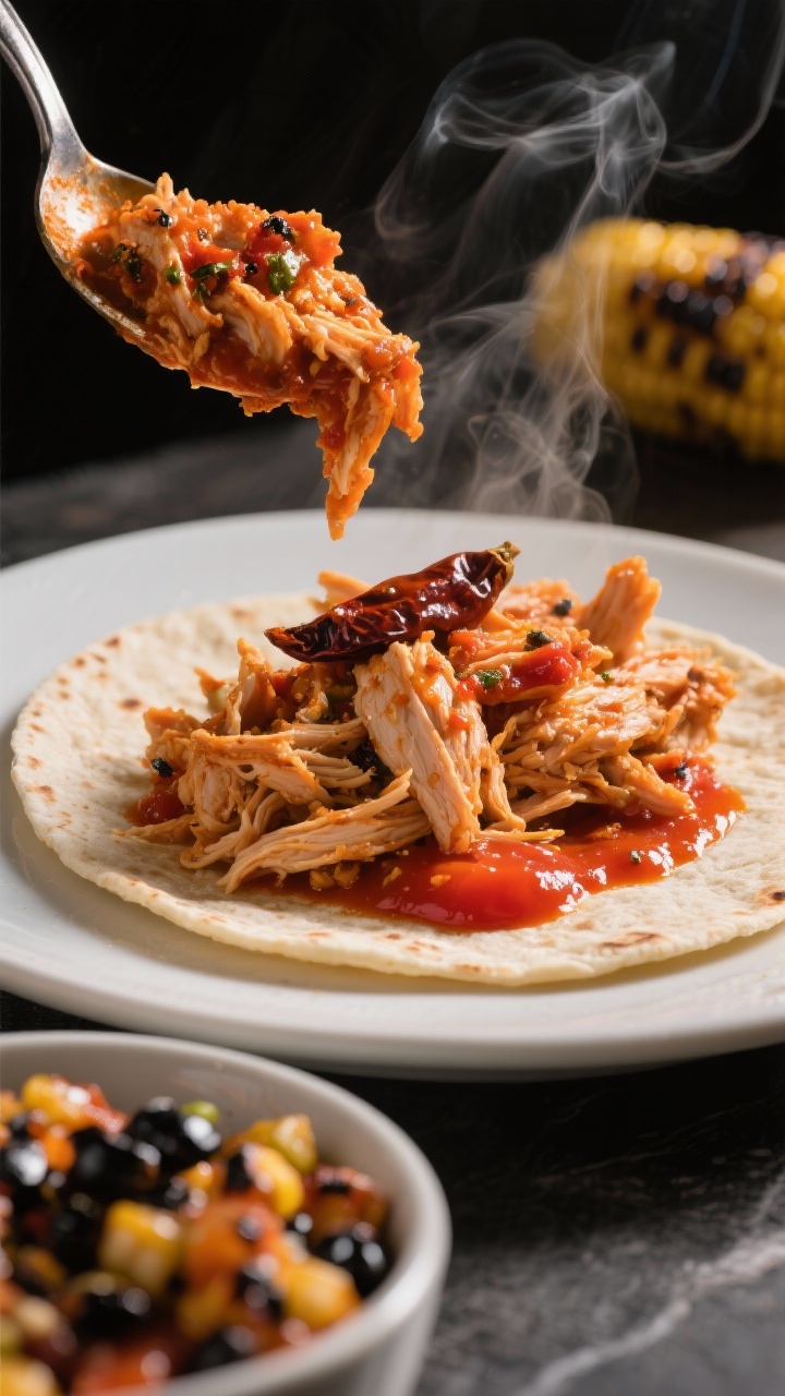 Close-up action shot of chipotle chicken filling being spooned onto a tortilla: juicy shredded chicken stained deep red-orange with adobo sauce, flecks of minced chipotle, and a smear of tomato paste visible; a side bowl of charred corn salsa glistening with blackened kernels; steam rising, dramatic side lighting, shallow depth of field emphasizing the glossy, spicy sheen on the chicken.