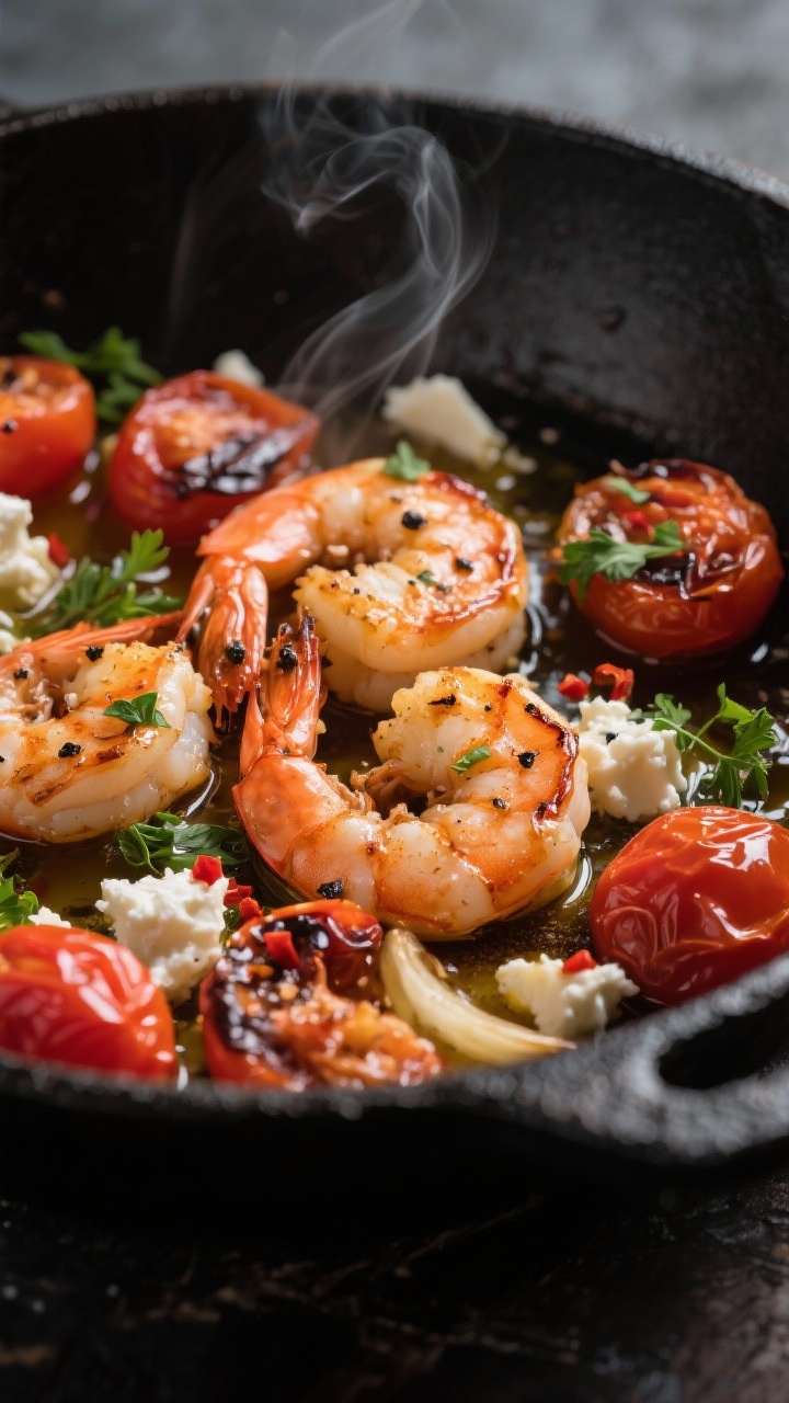 Close-up, action shot of Garlicky Shrimp Saganaki with burst tomatoes in a black skillet: large shrimp seared and curled, seasoned with kosher salt and black pepper, nestled among blistered cherry tomatoes releasing juices; visible thinly sliced garlic and a hint of red pepper flakes shimmering in extra-virgin olive oil; crumbled feta melting at the edges and fresh parsley scattered on top. Moody side lighting to accentuate gloss and steam, shallow depth of field highlighting the shrimp’s caramelization.