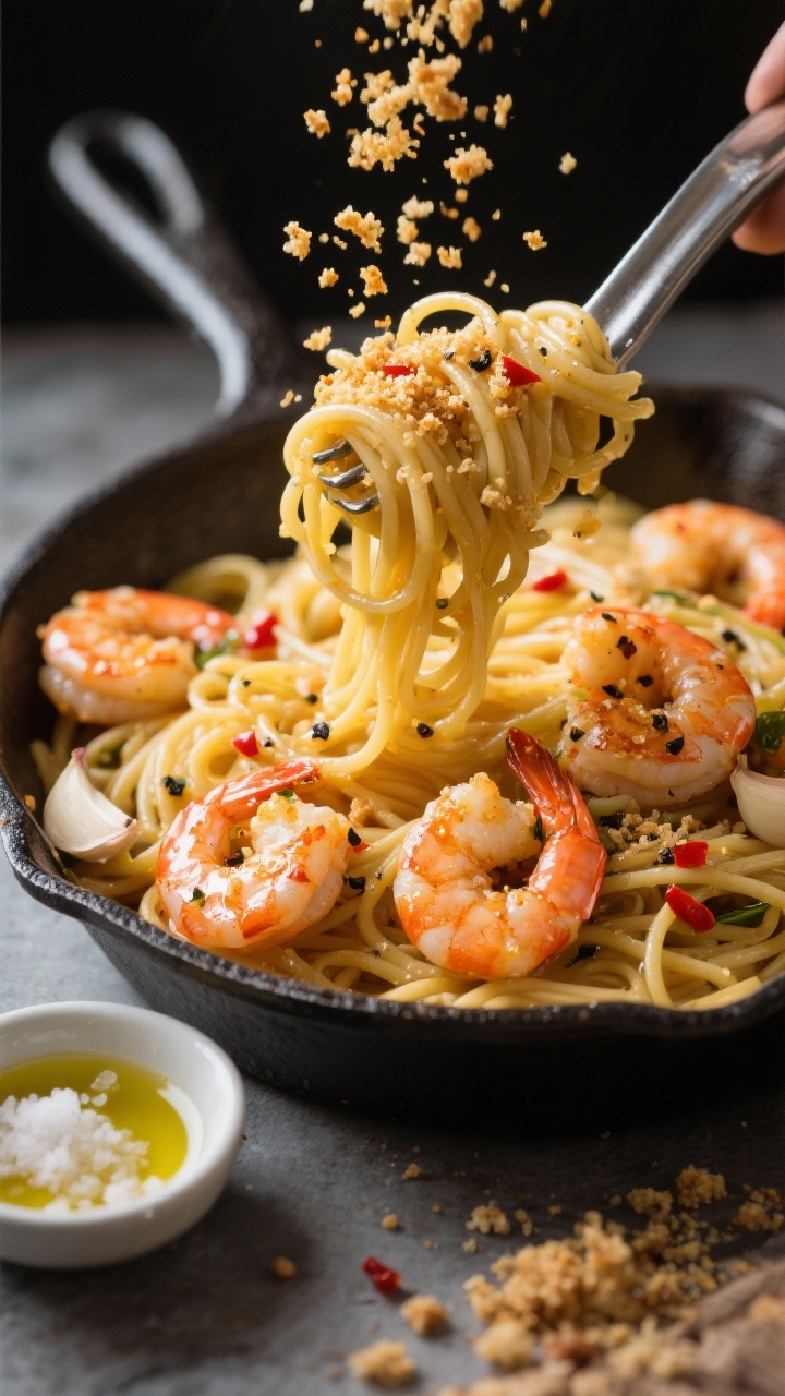 Close-up action shot of garlicky shrimp scampi spaghetti with a secret crunch: spaghetti twirled high on tongs, shimmering with olive oil and melted butter, large shrimp curled and glossy, garlic bits and red pepper flakes visible, black pepper specks; the “secret crunch” shown as a shower of golden toasted breadcrumbs falling onto the pasta; shot over a cast-iron skillet at a 45-degree angle, with a small dish of kosher salt and extra olive oil nearby, bright highlights to emphasize gloss and texture.