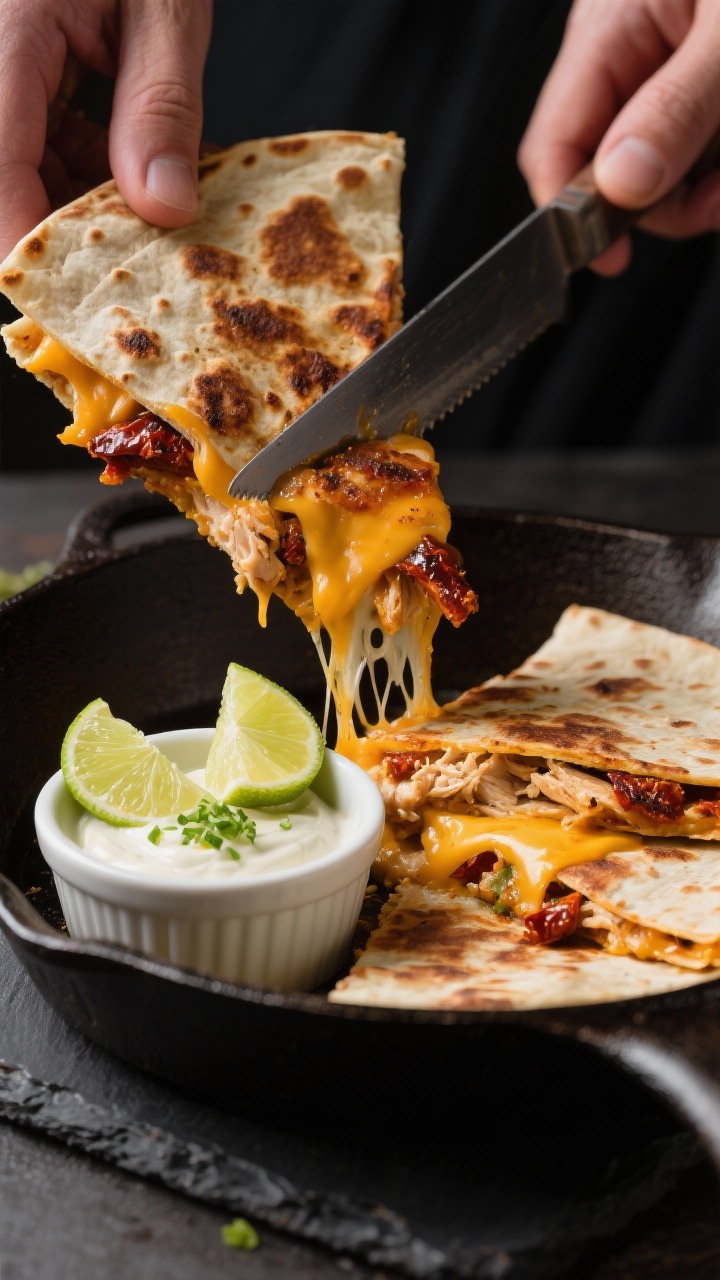 Close-up action shot of spicy chipotle chicken quesadillas being sliced: tortilla browned and blistered in a cast-iron skillet, oozing a mix of Monterey Jack (or pepper jack) and cheddar with flaked canned chicken; visible specks of minced chipotle in adobo and a sheen of adobo sauce; served with a ramekin of lime crema (lime zest on top) and a few lime wedges; dramatic side lighting to catch melted cheese pull and smoky tones.