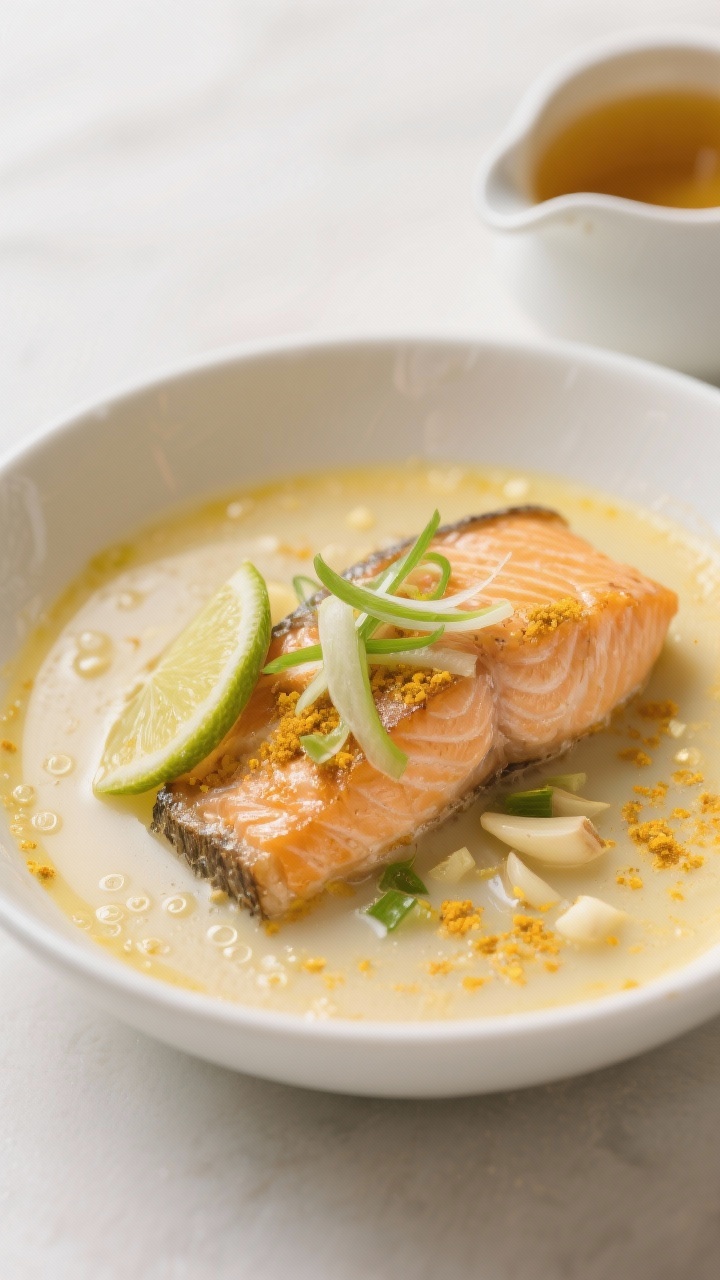 Close-up bowl shot of Coconut Ginger Turmeric Salmon: tender salmon portions poached in a silky light coconut milk broth infused with grated fresh ginger, minced garlic, ground turmeric, and a splash of fish sauce; the broth glowing golden with delicate coconut micro-bubbles clinging to the fish; garnished with thinly sliced scallions and a lime wedge; served in a shallow white bowl with a small pourer of vegetable broth in the background; minimal, elegant styling to convey “weeknight fancy,” soft highlights on the coconut surface.