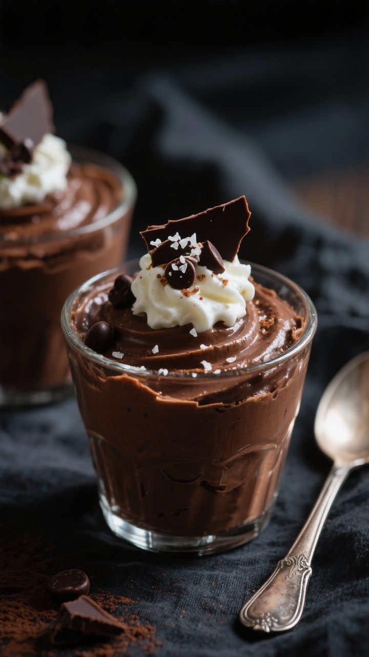 Close-up dessert shot of chocolate avocado mousse in small glass cups: ultra-smooth, glossy mousse made with ripe avocados, Dutch-process cocoa powder, melted dark chocolate chips, and maple syrup. Top with shaved dark chocolate, a dollop of softly whipped cream, and a pinch of flaky sea salt. Emphasize velvety texture and deep cocoa color; moody, low-key lighting with gentle highlights; dark linen and vintage spoon for refined, indulgent feel.