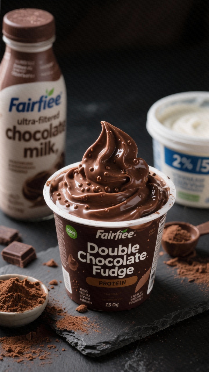 Close-up macro of Double Chocolate Fudge Protein pint mid-spin scoop: ultra-creamy deep cocoa texture with tiny micro-bubbles, glossy fudge sheen from unsweetened cocoa, and specks from chocolate protein. Include props around the pint: a bottle of Fairlife or labeled “ultra-filtered chocolate milk,” an open tub of plain Greek yogurt (2% or 5%), a scoop of chocolate whey/plant protein, and a small dish of extra cocoa powder dusted on a dark slate. Moody, rich tones, directional light to emphasize chocolate depth and protein-packed creaminess.