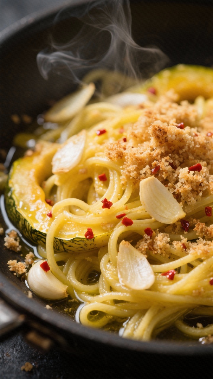 Close-up macro of spaghetti squash “strands” tossed aglio e olio: golden, glossy ribbons in a skillet, thinly sliced garlic chips and a dusting of red pepper flakes glistening in olive oil, crunchy panko breadcrumbs toasted to light brown sprinkled over, steam faintly rising; shallow depth of field emphasizing textures of strands, garlic, and crumbs, dramatic side lighting.