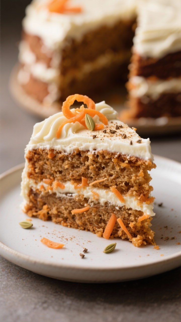 Close-up of a single slice of brown butter carrot cardamom cake on a simple dessert plate: moist crumb with visible fine carrot shreds, warm brown hue from brown butter and cardamom, layers generously swathed in tangy cream cheese frosting with soft swoops; a light dusting of ground cardamom and a few chopped candied carrot curls on top; the remaining cake, partially sliced, slightly out of focus; warm, inviting light emphasizing texture and frosting sheen.