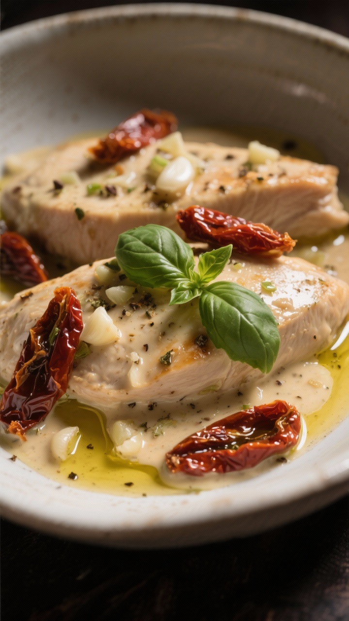 Close-up of creamy garlic Tuscan chicken tenderloins bathed in a silky sauce, studded with minced garlic and ribbons of oil-packed sun-dried tomatoes, Italian seasoning flecks visible; glistening olive oil highlights, sauce clinging to the tenderloins, served in a shallow off-white ceramic bowl, moody side lighting for richness, fresh basil garnish optional but minimal to keep focus on the sun-dried tomatoes.