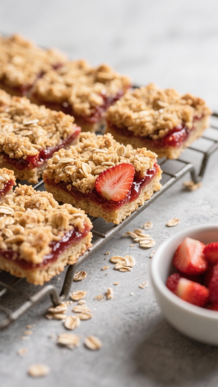 Close-up of Roasted Strawberry Oat Crumble Bars on a cooling rack: neat squares revealing layers—buttery oat crumble, jammy roasted strawberries (halved berries cooked with sugar, lemon juice, vanilla, and a touch of cornstarch), and a nubbly golden oat topping; crumbs scattered naturally, a small bowl of extra roasted strawberries to the side, matte stone background, soft side light emphasizing sticky, glossy fruit and crisp crumble texture, no people.