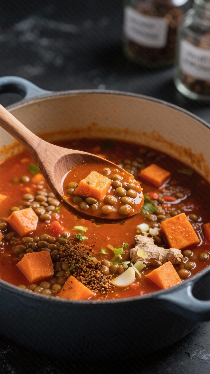 Close-up of spiced lentil and sweet potato soup mid-simmer in a Dutch oven: orange cubes of sweet potato and tender lentils suspended in a tomato paste–tinted broth, speckled with ground cumin and coriander, with visible grated fresh ginger and minced garlic. A wooden spoon lifting a scoop to showcase texture and thickness; tiny bubbles and sheen of olive oil on the surface. Dark slate background, moody lighting, aromatic, meal-prep vibe with labeled glass containers blurred in the background.