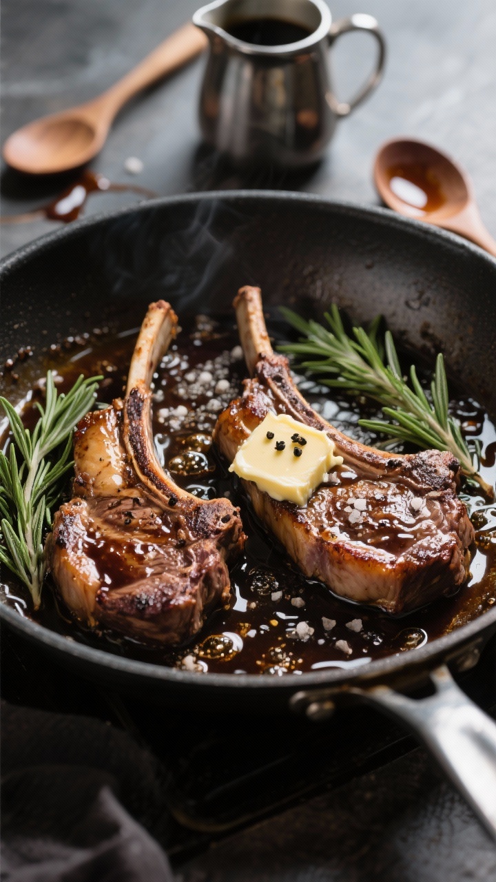 Close-up pan shot of lamb chops in a stainless skillet mid-sizzle, showing a rich balsamic-rosemary pan sauce reducing around the chops; visible rosemary sprigs, melting pats of unsalted butter, coarse black pepper, and kosher salt crystals on the meat; a small pitcher of balsamic nearby and a wooden spoon with glossy sauce trail; dramatic side lighting to highlight the lacquered sauce, tight focus on bubbling glaze and seared edges