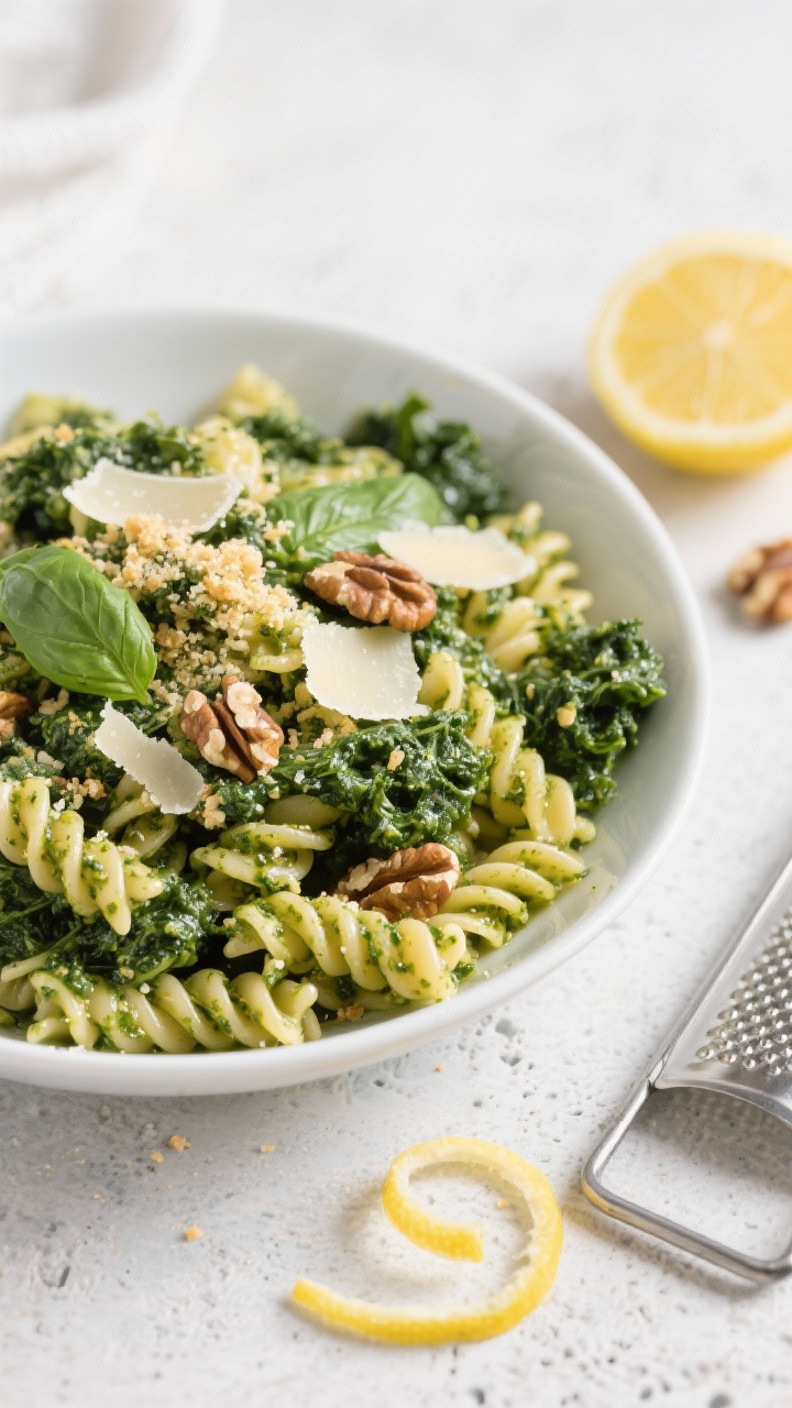 Close-up plated shot of Kale Pesto Pasta with lemon breadcrumbs: al dente fusilli coated in a vivid green pesto made from lacinato kale, fresh basil, Parmesan, and toasted walnuts; finished with a generous shower of zesty lemon breadcrumbs and extra grated Parmesan; a few walnut pieces and basil leaves scattered; presented in a wide white bowl on a light stone surface, a microplane and lemon zest curls nearby; glossy, fresh, and intensely appetizing.