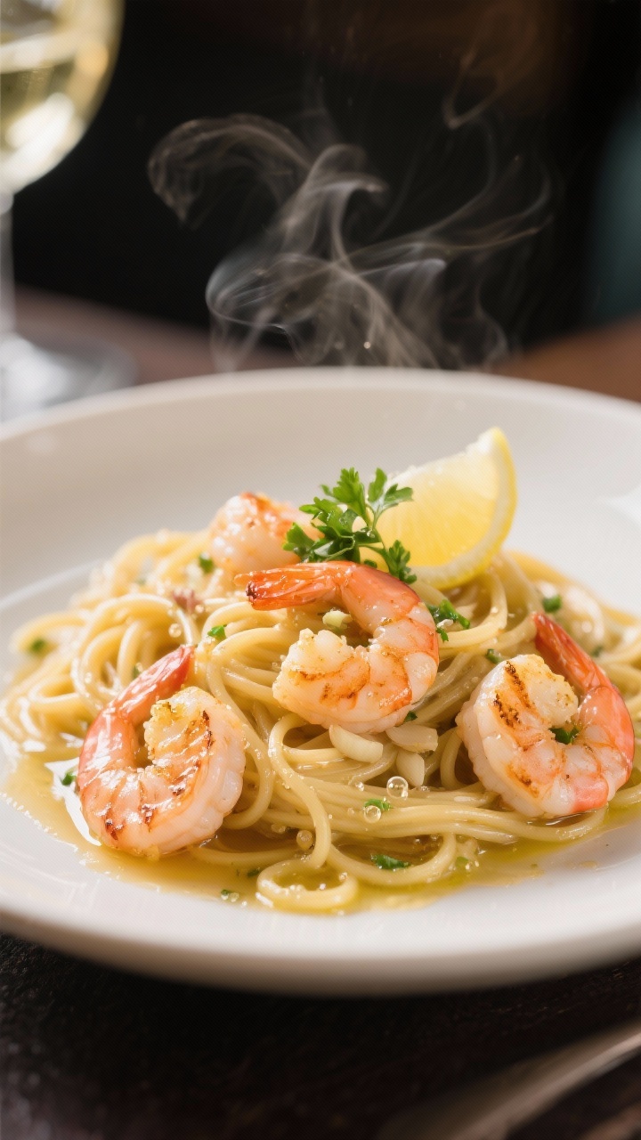 Close-up, restaurant-style plate of Garlicky Shrimp Scampi Linguine: glossy linguine coated in garlicky olive oil-butter sauce, plump pink shrimp with light sear marks, finely minced garlic visible, a glisten of dry white wine reduction, lemon slice and chopped parsley for freshness; tiny bubbles of emulsified sauce clinging to pasta, light bokeh, steam rising; plated on a shallow off-white bowl with a drizzle of pan sauce pooling; straight-on macro emphasis on shrimp and silky strands, bright yet elegant mood.
